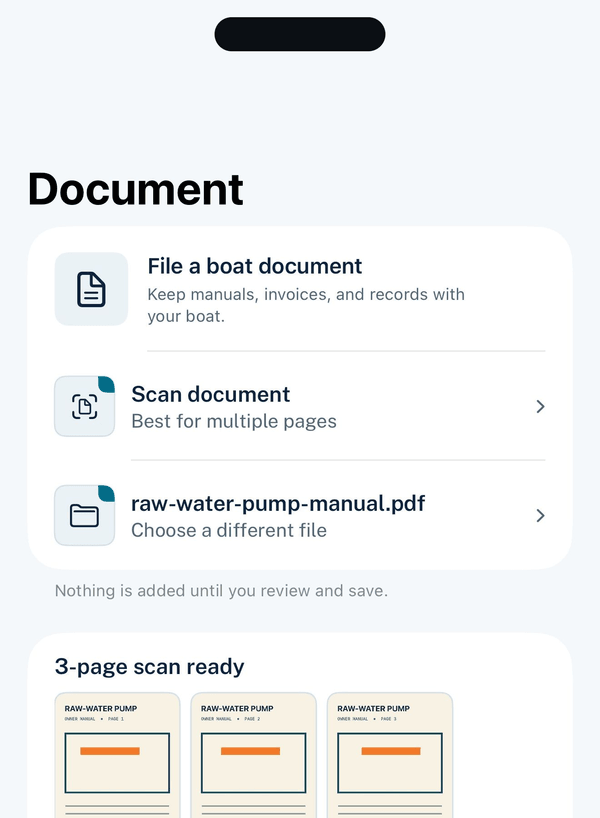 VesselTwin document scanner with a three-page raw-water pump manual ready to file